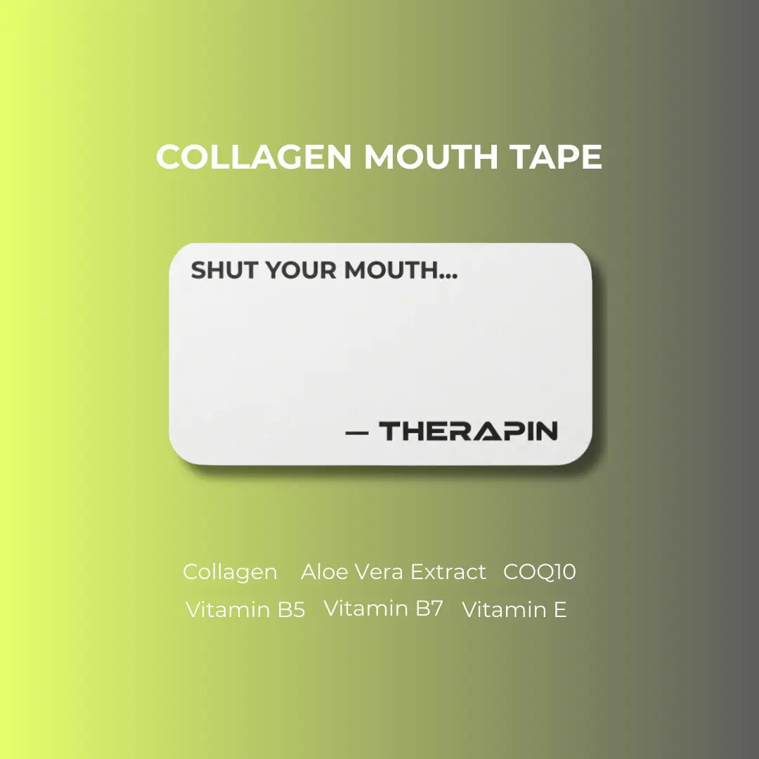 Collagen mouth tape with Therapin branding on a gradient green background